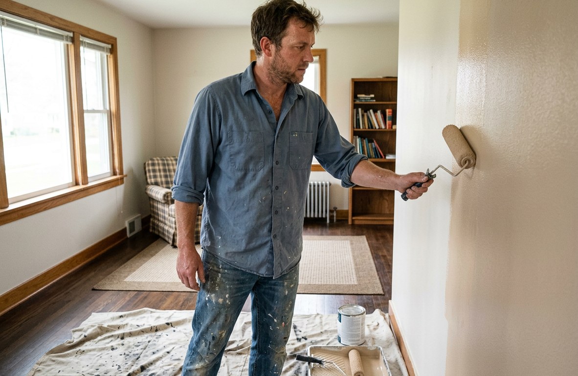 Painter in a navy work shirt rolling a fresh coat of paint onto an interior wall in a Wooster living room