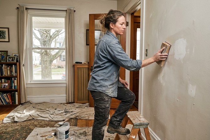 Painter sanding and prepping a wall before painting in a Wooster home