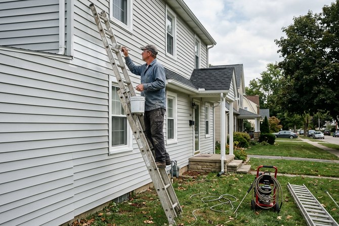 Painter applying exterior paint to the siding of a two-story Ohio home