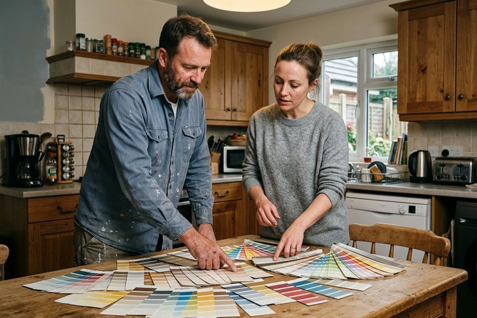 Homeowner and painter reviewing paint color swatches together