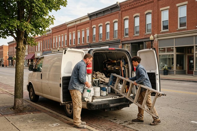 Local painting crew loading supplies into a truck on a Wooster street