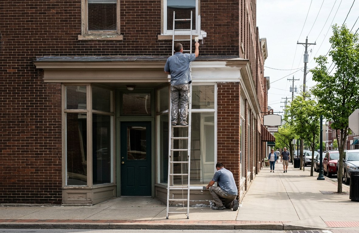 Painter in a navy work shirt painting the trim of a commercial storefront in downtown Wooster