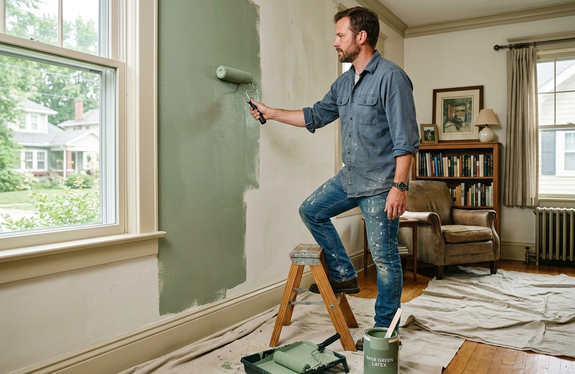 Painter rolling a fresh coat of paint onto a living room wall in a Wooster home