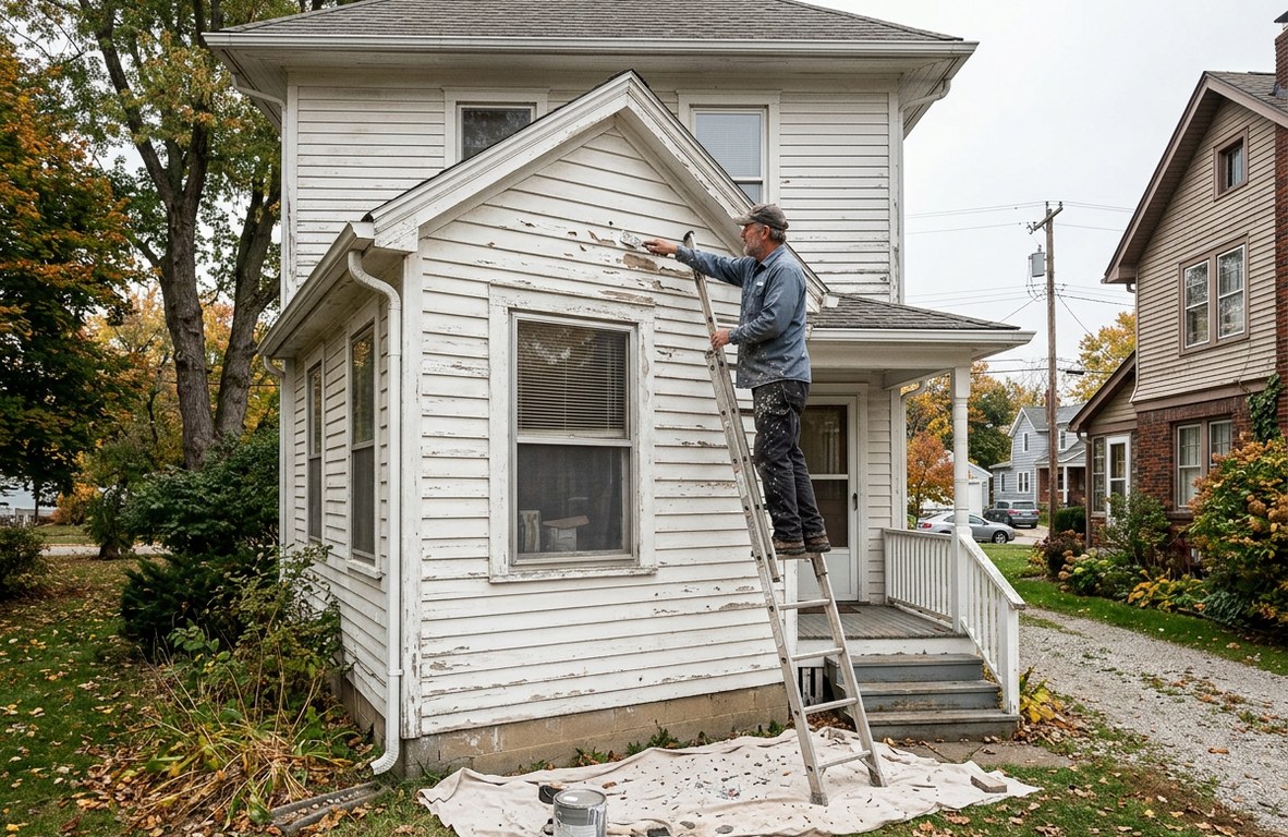 Painter applying exterior paint to the siding of a two-story Ohio home on a ladder