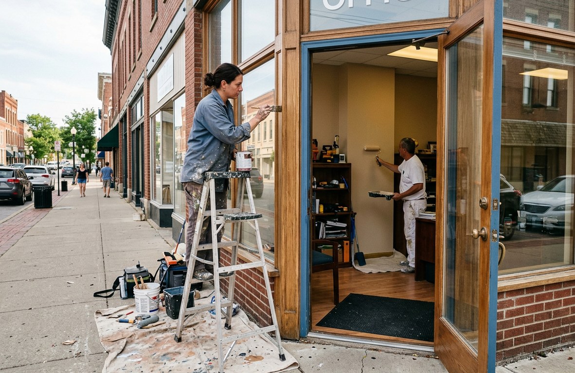 Painter painting the trim of a commercial storefront in downtown Wooster
