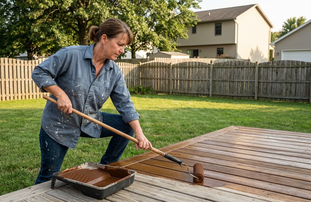 Painter applying stain to a wooden deck with a roller in a Wooster backyard