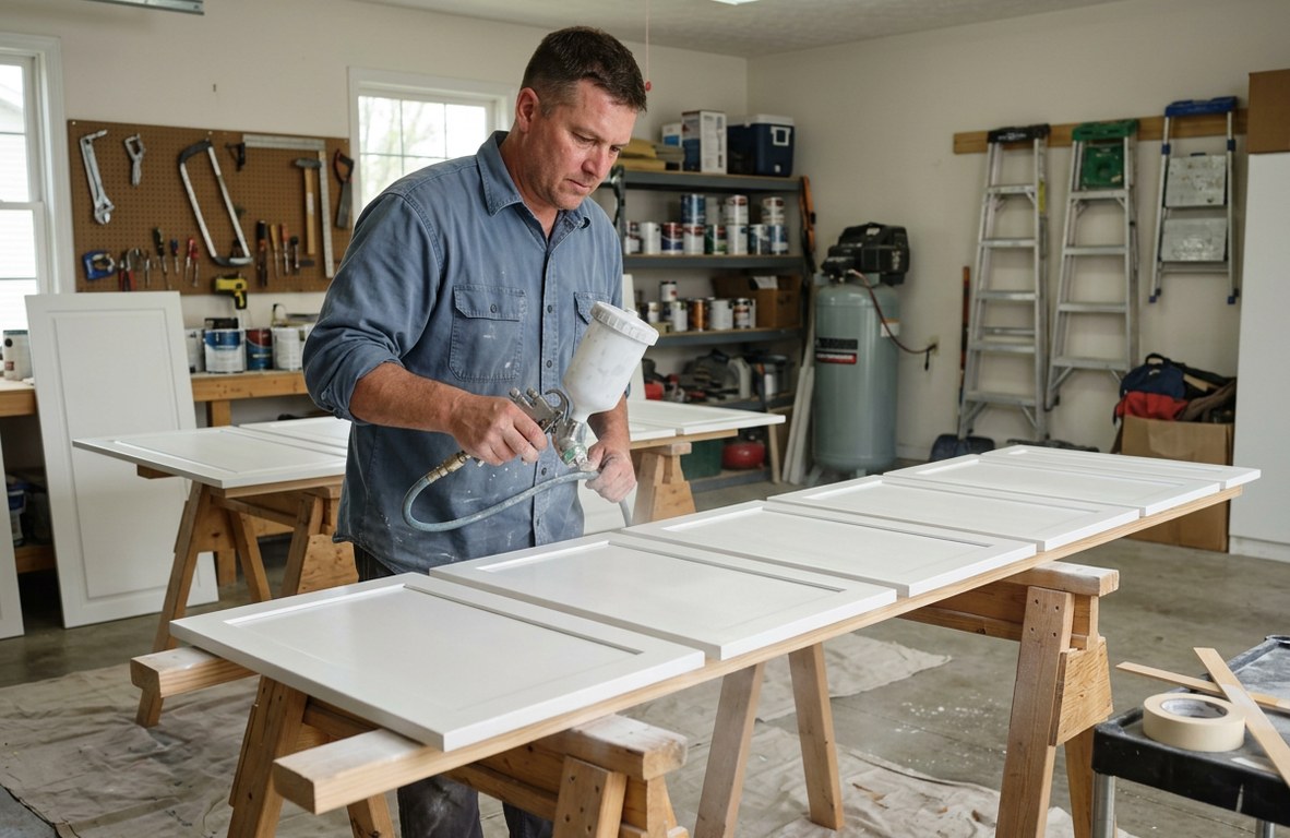 Painter spraying a smooth finish onto kitchen cabinet doors in a Wooster home