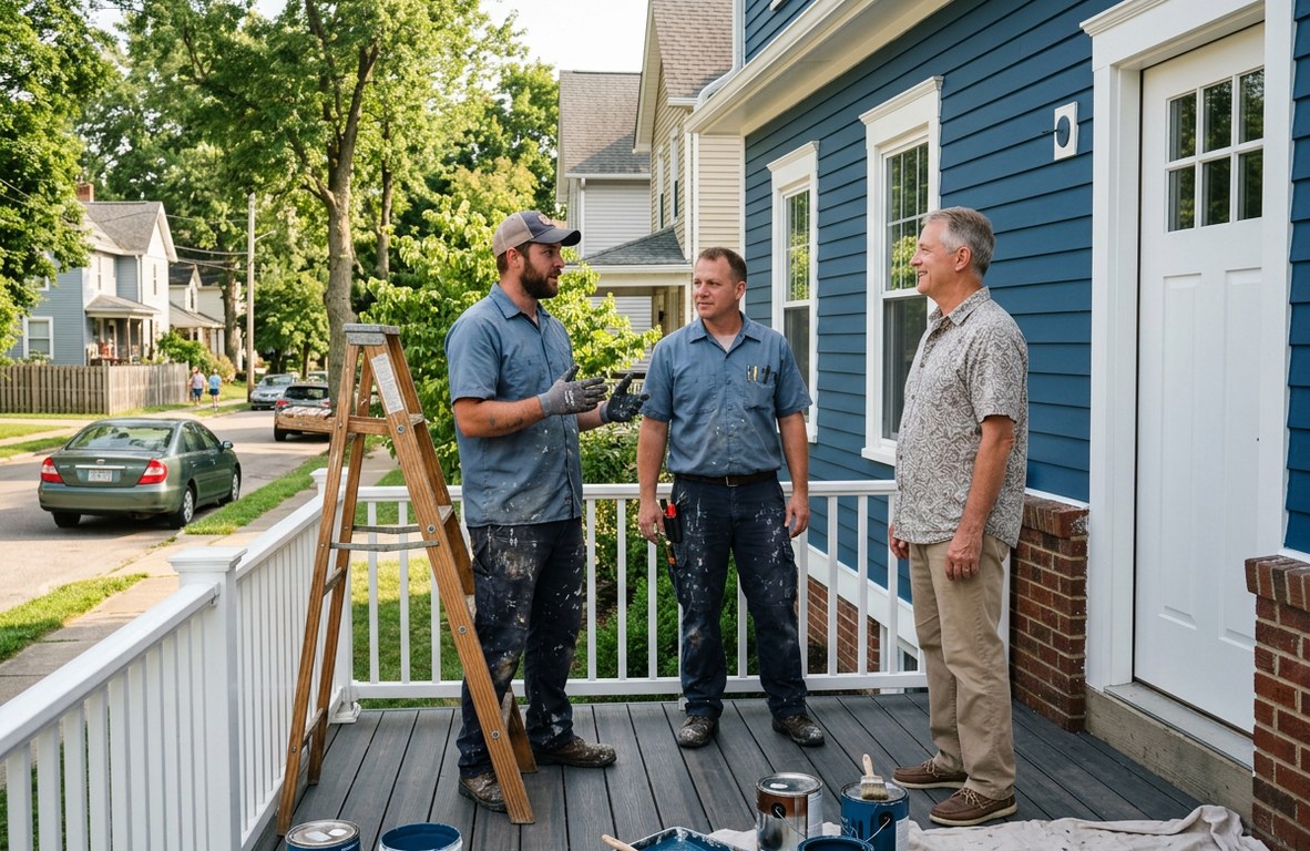 Local painting crew talking with a homeowner in front of a freshly painted Wooster house