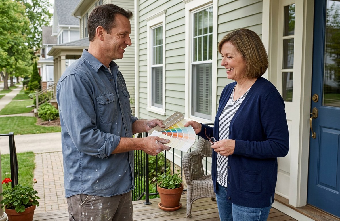 Painter handing a paint color card to a homeowner on the porch of a Wooster home